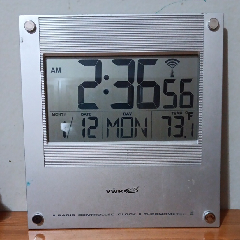 Silver Radio Controlled Clock with Thermometer